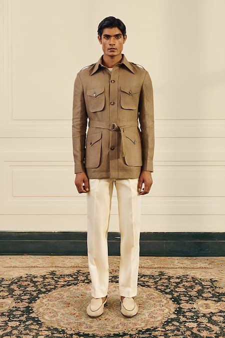 Gargee Designers Beige Linen Buckles Herringbone Shacket With Belt at Aza Fashions Gargee Designers_Beige Linen Buckles Herringbone Shacket With Belt _at_Aza_Fashions