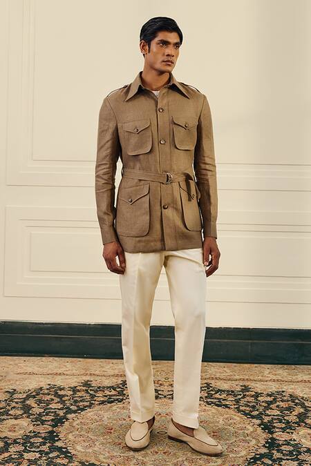 Buy Gargee Designers Beige Linen Buckles Herringbone Shacket With Belt Buy_Gargee Designers_Beige Linen Buckles Herringbone Shacket With Belt