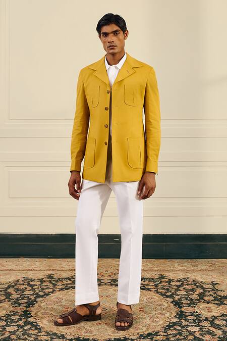 Shop Gargee Designers Mustard Cotton, Suiting Button-front Spread Collar Shacket Online at Aza Fashions Shop_Gargee Designers_Mustard Cotton, Suiting Button-front Spread Collar Shacket _Online_at_Aza_Fashions