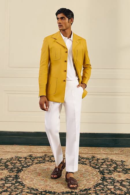 Gargee Designers Mustard Cotton, Suiting Button-front Spread Collar Shacket at Aza Fashions Gargee Designers_Mustard Cotton, Suiting Button-front Spread Collar Shacket _at_Aza_Fashions
