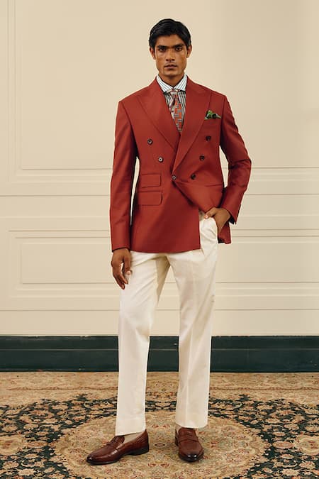 Shop Gargee Designers Rust Wool Double Breasted Blazer Online at Aza Fashions Shop_Gargee Designers_Rust Wool Double Breasted Blazer _Online_at_Aza_Fashions