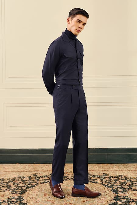 Shop_Gargee Designers_Navy Wool, Flannel Shirt And Pleated Pant Set _Online_at_Aza_Fashions