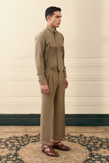 Gargee Designers Beige Polyester Checked Shirt And Pant Set Online at Aza Fashions Gargee Designers_Beige Polyester Checked Shirt And Pant Set _Online_at_Aza_Fashions