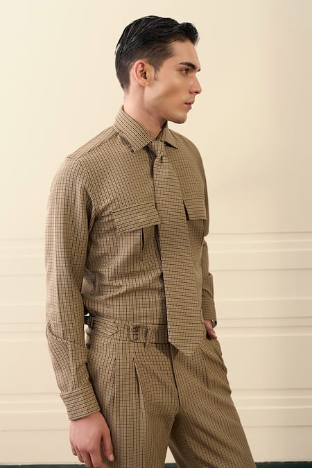 Shop Gargee Designers Beige Polyester Checked Shirt And Pant Set Online at Aza Fashions Shop_Gargee Designers_Beige Polyester Checked Shirt And Pant Set _Online_at_Aza_Fashions