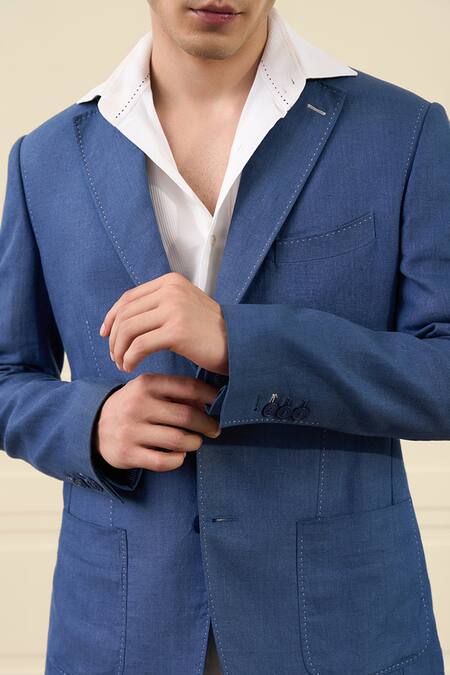 Shop Gargee Designers Blue Linen Single Breasted Blazer Online at Aza Fashions Shop_Gargee Designers_Blue Linen Single Breasted Blazer _Online_at_Aza_Fashions