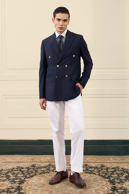 Shop Gargee Designers Navy Wool Double Breasted Blazer Online at Aza Fashions Shop_Gargee Designers_Navy Wool Double Breasted Blazer _Online_at_Aza_Fashions