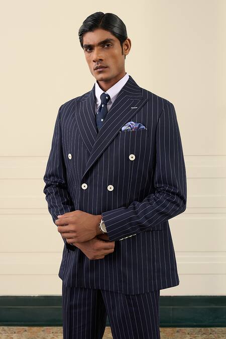 Buy_Gargee Designers_Navy Wool Pinstripe Double-breasted Suit Set _Online_at_Aza_Fashions