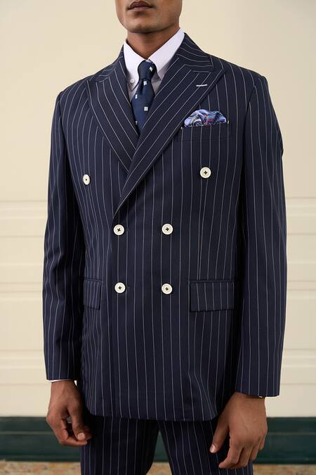 Shop_Gargee Designers_Navy Wool Pinstripe Double-breasted Suit Set _Online_at_Aza_Fashions