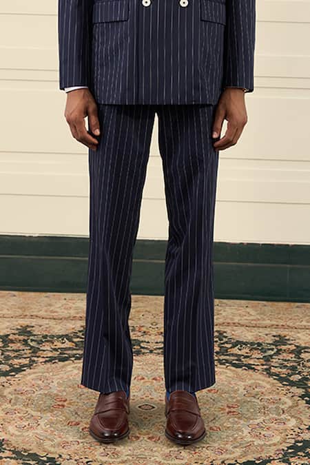Gargee Designers_Navy Wool Pinstripe Double-breasted Suit Set _at_Aza_Fashions
