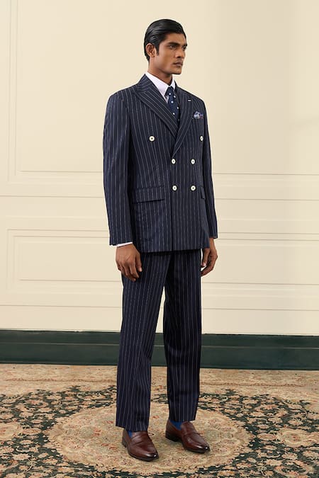 Buy_Gargee Designers_Navy Wool Pinstripe Double-breasted Suit Set 