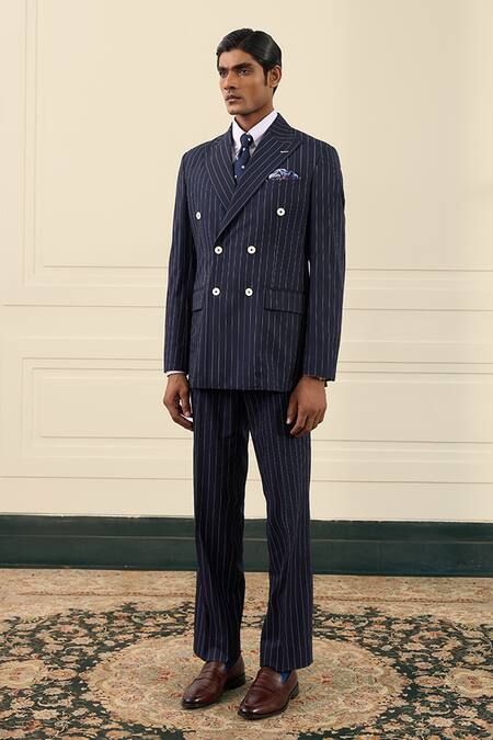 Shop_Gargee Designers_Navy Wool Pinstripe Double-breasted Suit Set 