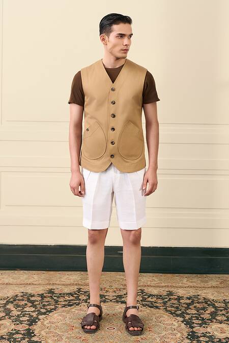 Buy Gargee Designers Beige Suiting, Cotton Button-front Waistcoat Online at Aza Fashions Buy_Gargee Designers_Beige Suiting, Cotton Button-front Waistcoat _Online_at_Aza_Fashions