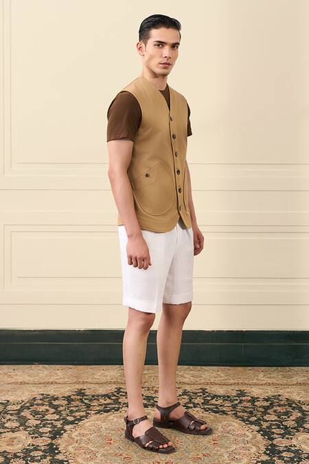 Shop Gargee Designers Beige Suiting, Cotton Button-front Waistcoat Online at Aza Fashions Shop_Gargee Designers_Beige Suiting, Cotton Button-front Waistcoat _Online_at_Aza_Fashions