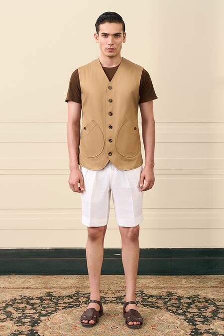 Gargee Designers Beige Suiting, Cotton Button-front Waistcoat at Aza Fashions Gargee Designers_Beige Suiting, Cotton Button-front Waistcoat _at_Aza_Fashions