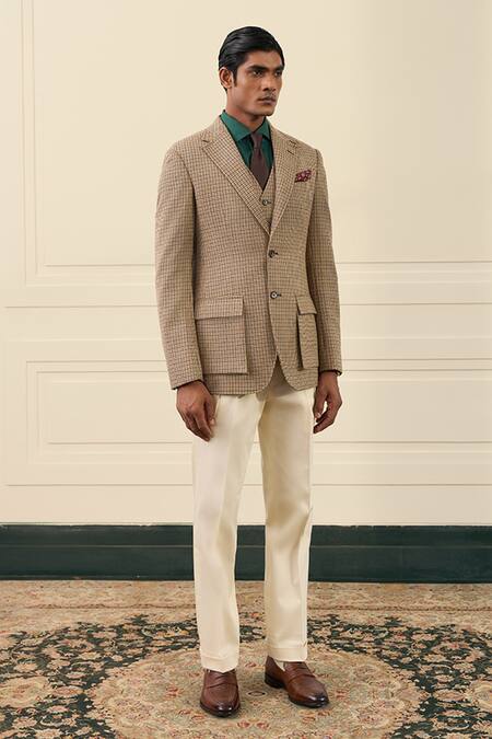 Buy_Gargee Designers_Beige Wool Houndstooth Check Double Breasted Blazer _Online_at_Aza_Fashions