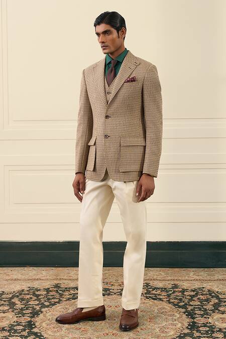 Shop_Gargee Designers_Beige Wool Houndstooth Check Double Breasted Blazer _Online_at_Aza_Fashions