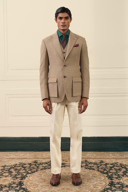 Gargee Designers_Beige Wool Houndstooth Check Double Breasted Blazer _at_Aza_Fashions