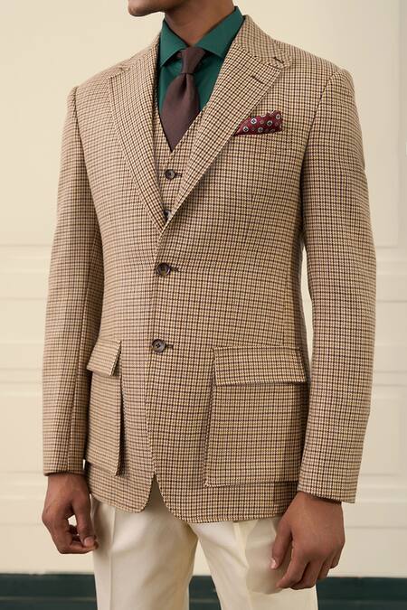 Buy_Gargee Designers_Beige Wool Houndstooth Check Double Breasted Blazer 