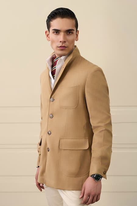 Buy_Gargee Designers_Beige Wool, Flannel Flap Pocket Blazer _Online_at_Aza_Fashions