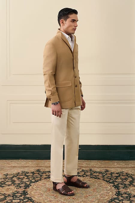 Gargee Designers_Beige Wool, Flannel Flap Pocket Blazer _at_Aza_Fashions