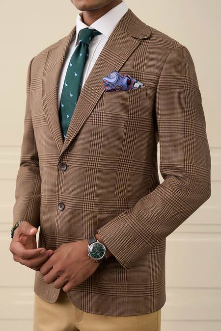 Gargee Designers_Brown Wool Checked Blazer _at_Aza_Fashions