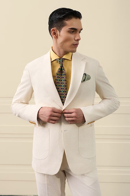 Buy_Gargee Designers_Ivory Seersucker Textured Coat And Pant Set _Online_at_Aza_Fashions