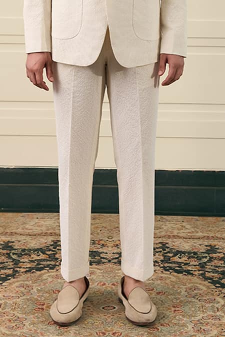 Shop_Gargee Designers_Ivory Seersucker Textured Coat And Pant Set _Online_at_Aza_Fashions