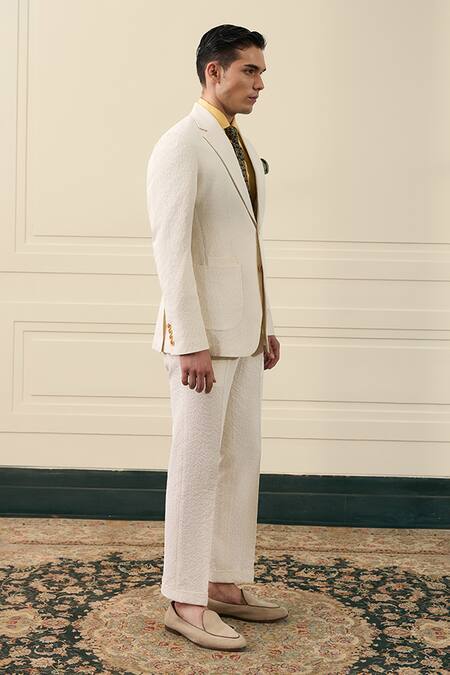 Gargee Designers_Ivory Seersucker Textured Coat And Pant Set _at_Aza_Fashions