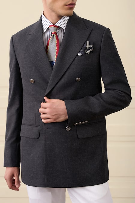 Shop Gargee Designers Gray Wool Double Breasted Blazer Online at Aza Fashions Shop_Gargee Designers_Gray Wool Double Breasted Blazer _Online_at_Aza_Fashions