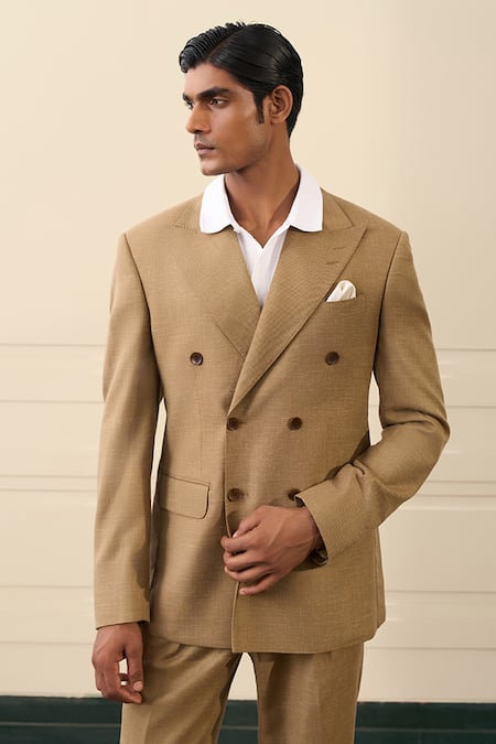 Buy_Gargee Designers_Beige Wool Double Breasted Coat And Pant Set _Online_at_Aza_Fashions