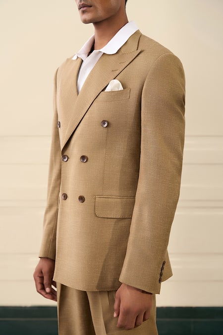 Gargee Designers_Beige Wool Double Breasted Coat And Pant Set _at_Aza_Fashions