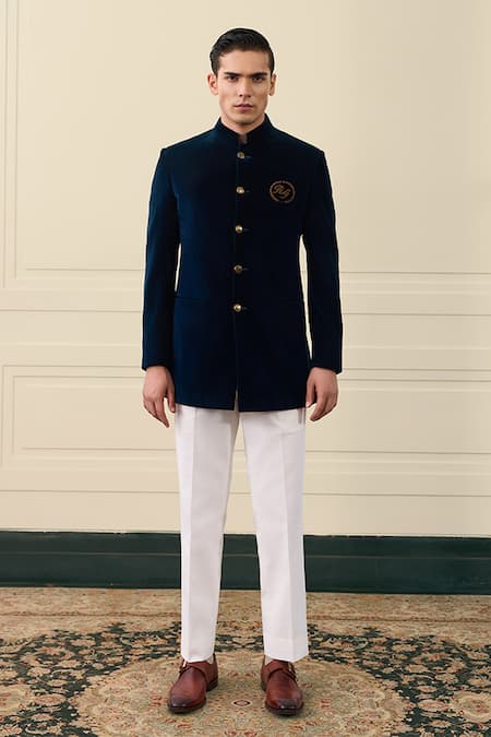 Buy_Gargee Designers_Navy Velvet, Cotton Embroidery Bandhgala _Online_at_Aza_Fashions