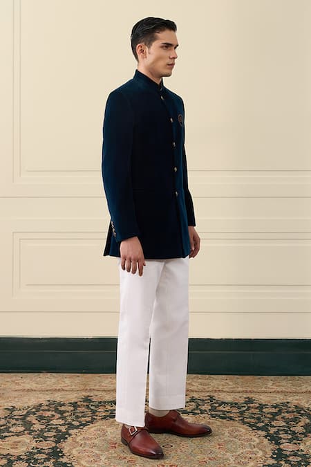 Shop_Gargee Designers_Navy Velvet, Cotton Embroidery Bandhgala _Online_at_Aza_Fashions