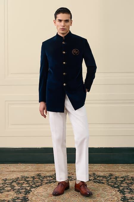 Gargee Designers_Navy Velvet, Cotton Embroidery Bandhgala _at_Aza_Fashions