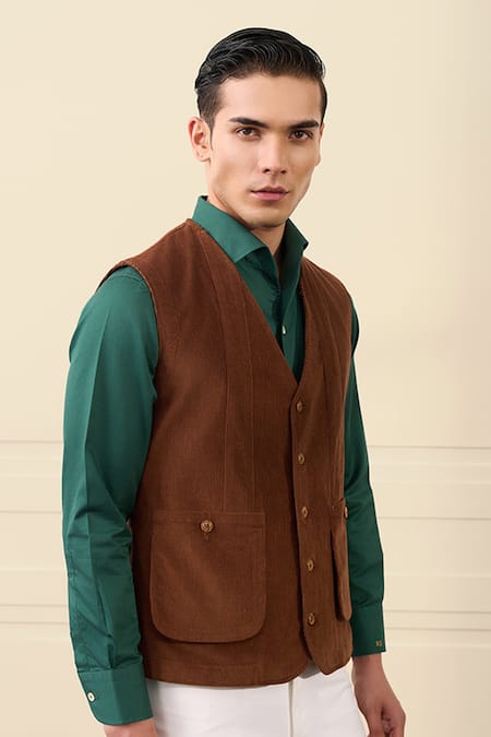 Buy Gargee Designers Brown Corduroy, Cotton Button-front Vest Jacket Online at Aza Fashions Buy_Gargee Designers_Brown Corduroy, Cotton Button-front Vest Jacket _Online_at_Aza_Fashions