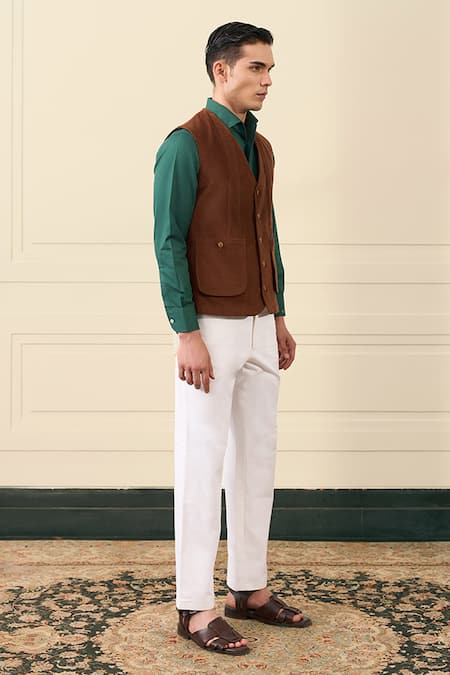 Shop Gargee Designers Brown Corduroy, Cotton Button-front Vest Jacket Online at Aza Fashions Shop_Gargee Designers_Brown Corduroy, Cotton Button-front Vest Jacket _Online_at_Aza_Fashions
