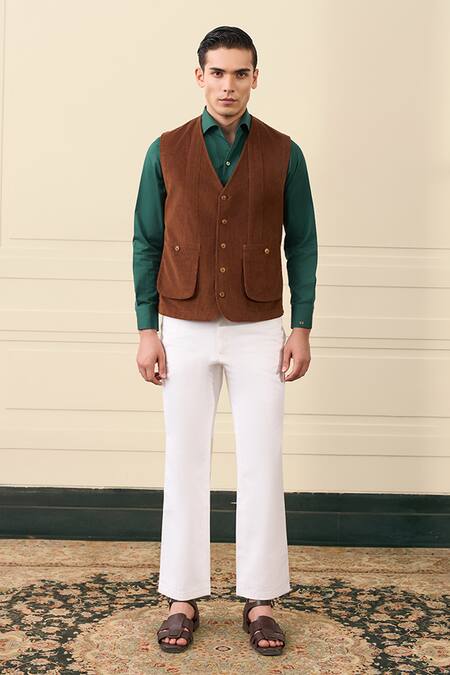 Gargee Designers Brown Corduroy, Cotton Button-front Vest Jacket at Aza Fashions Gargee Designers_Brown Corduroy, Cotton Button-front Vest Jacket _at_Aza_Fashions