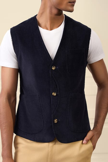 Buy Gargee Designers Navy Corduroy Cotton Vest Jacket Online at Aza Fashions Buy_Gargee Designers_Navy Corduroy Cotton Vest Jacket _Online_at_Aza_Fashions