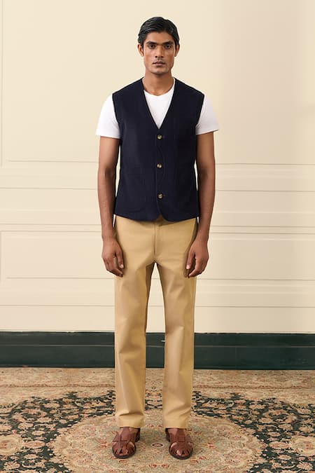Shop Gargee Designers Navy Corduroy Cotton Vest Jacket Online at Aza Fashions Shop_Gargee Designers_Navy Corduroy Cotton Vest Jacket _Online_at_Aza_Fashions