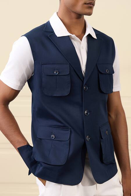 Shop Gargee Designers Navy Cotton, Suiting Utility Pocket Vest Jacket Online at Aza Fashions Shop_Gargee Designers_Navy Cotton, Suiting Utility Pocket Vest Jacket _Online_at_Aza_Fashions