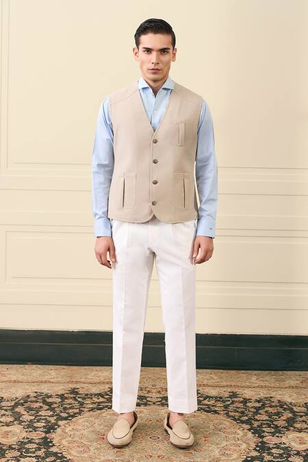 Buy Gargee Designers Beige Cotton, Suiting Flap Pocket Detail Vest Jacket Online at Aza Fashions Buy_Gargee Designers_Beige Cotton, Suiting Flap Pocket Detail Vest Jacket _Online_at_Aza_Fashions