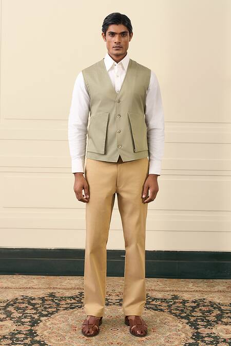 Shop Gargee Designers Green Cotton Utility Pocket Vest Jacket Online at Aza Fashions Shop_Gargee Designers_Green Cotton Utility Pocket Vest Jacket _Online_at_Aza_Fashions