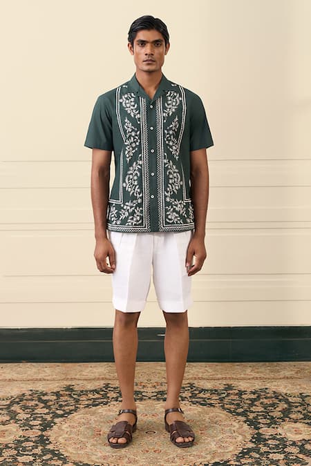 Buy Gargee Designers Green Cotton Embroidery Camp Collar Shirt Online at Aza Fashions Buy_Gargee Designers_Green Cotton Embroidery Camp Collar Shirt _Online_at_Aza_Fashions