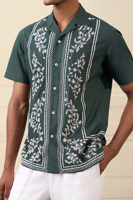 Shop Gargee Designers Green Cotton Embroidery Camp Collar Shirt Online at Aza Fashions Shop_Gargee Designers_Green Cotton Embroidery Camp Collar Shirt _Online_at_Aza_Fashions