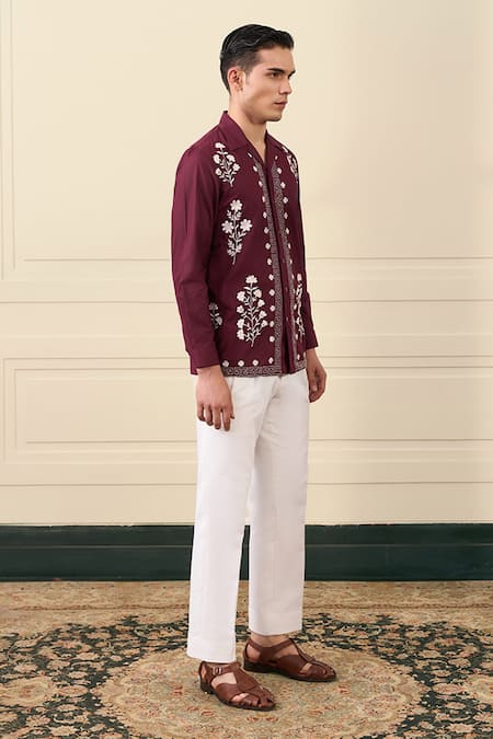 Buy Gargee Designers Maroon Cotton Embroidery Floral And Geometric Shirt Online at Aza Fashions Buy_Gargee Designers_Maroon Cotton Embroidery Floral And Geometric Shirt _Online_at_Aza_Fashions