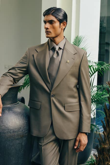 Buy_Gargee Designers_Green Wool Brooches Collared Coat With Pant _Online_at_Aza_Fashions