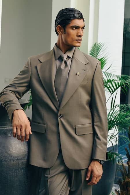 Shop_Gargee Designers_Green Wool Brooches Collared Coat With Pant _Online_at_Aza_Fashions