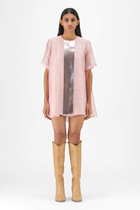 Amit Aggarwal_Rose Gold Organza, Polyester Round Neck Metallic Sheer Shirt _Online_at_Aza_Fashions