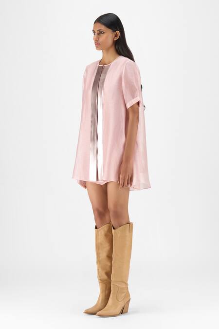 Buy_Amit Aggarwal_Rose Gold Organza, Polyester Round Neck Metallic Sheer Shirt _Online_at_Aza_Fashions