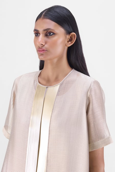 Amit Aggarwal Beige Organza, Polyester Round Neck Metallic Sheer Shirt Online at Aza Fashions Amit Aggarwal_Beige Organza, Polyester Round Neck Metallic Sheer Shirt _Online_at_Aza_Fashions